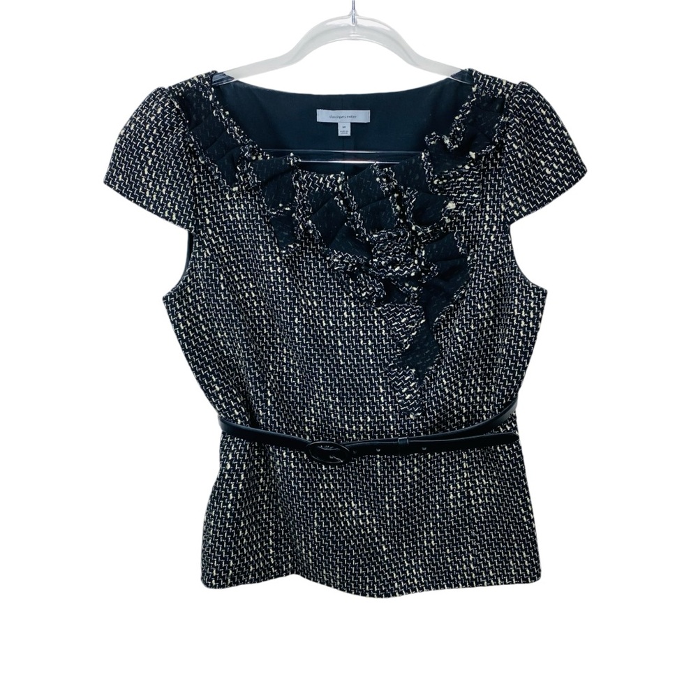 Classiquess‎ Entier Wool Tweed  Top Women M Black Belt Cap Sleeve Italy Academia